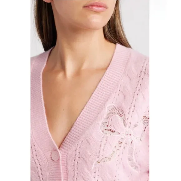 NWT LoveShackFancy Leota Wool Cashmere‎ Cardigan Pink Cable Knit Bow Sweater XL